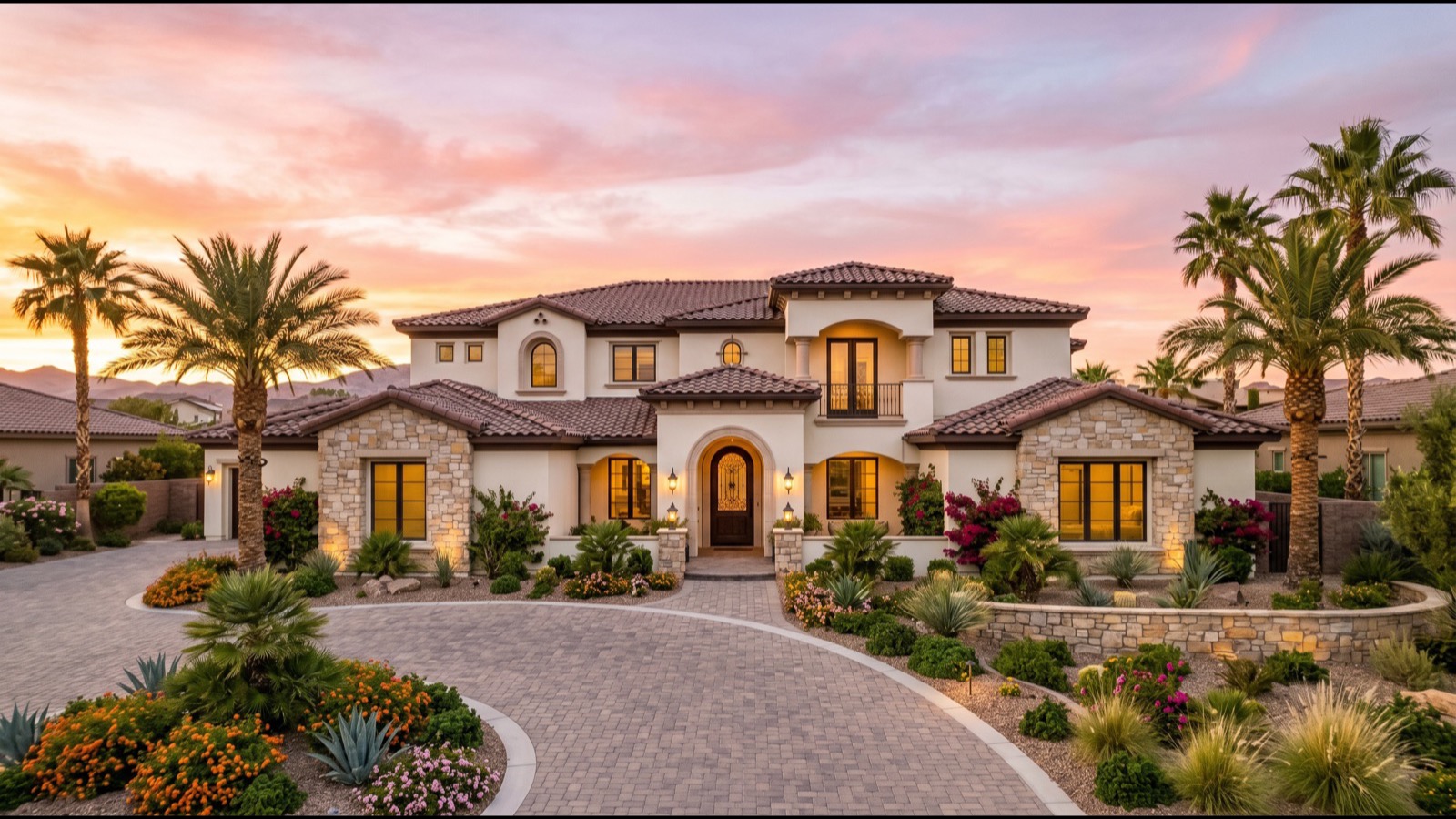 Summerlin luxury village home exterior at golden hour — the mid-tier and upper-mid price band where NREG closed the volume center of its 2025 Summerlin practice